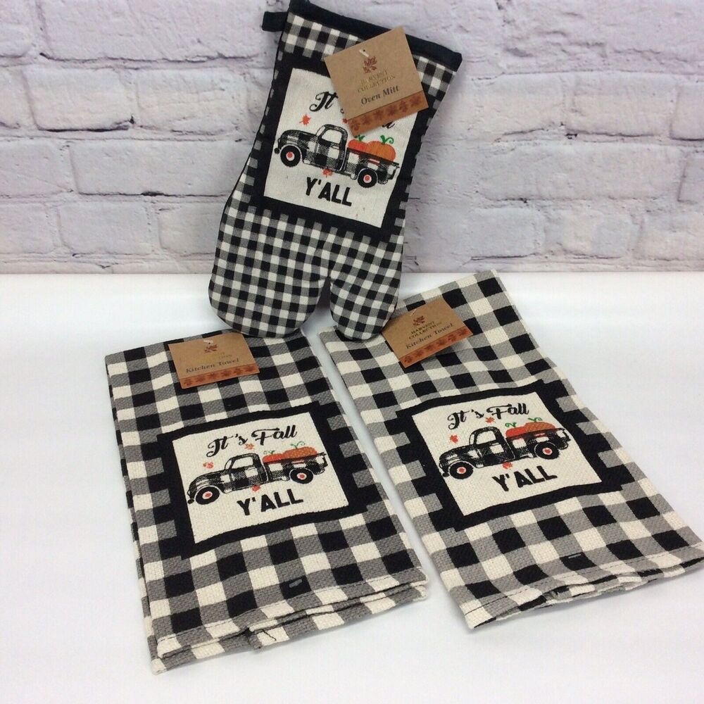 "It's Fall Y'all" 3 Piece Kitchen Set Black/White Buffalo Check Truck & Pumpkins